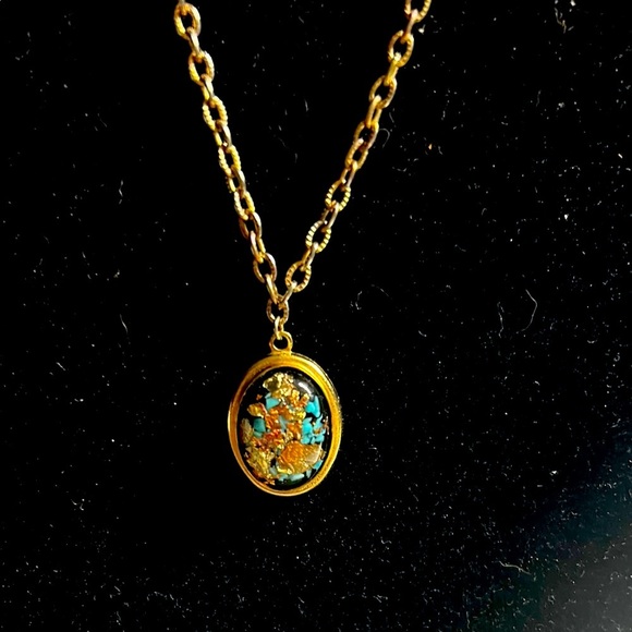 Vintage Black Lucite Real Gold Flake Round Drop Dangle Necklace - Picture 1 of 4